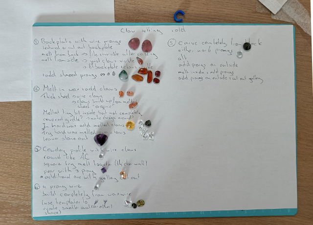 Piece of paper with gemstones on top and notes about what is covered in the class to come