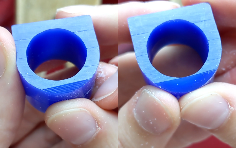 2 photos side by side. Left photo blue wax ring where the bottom is roughly filed, you can clearly see the file marks, right photo same blue wax rnng,bottom filed a bit more and all teh file marks are removed and teh surface is smooth