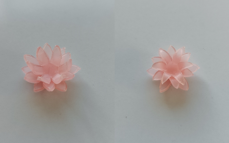 2 photos side by side. 3 pink sheet wax flowers layered on top of each other. Left flower the petals are folded up, right photo the petals are bend up and back